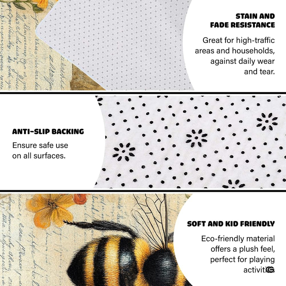 Infographic showing the non-skid dot backing and edge stitching of the botanical rug - image 4 of 8