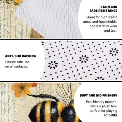 Infographic showing the non-skid dot backing and edge stitching of the botanical rug - thumbnail image 4 of 8