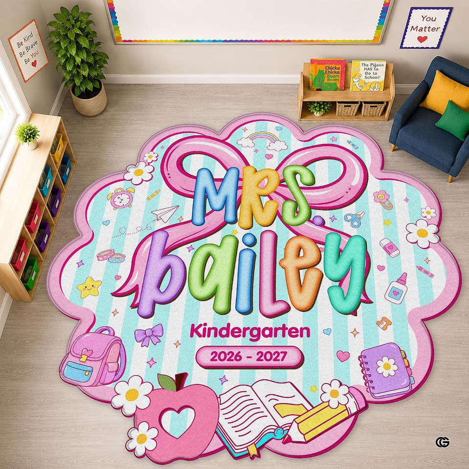 Classroom area rug with circular learning spots and alphabet accents.