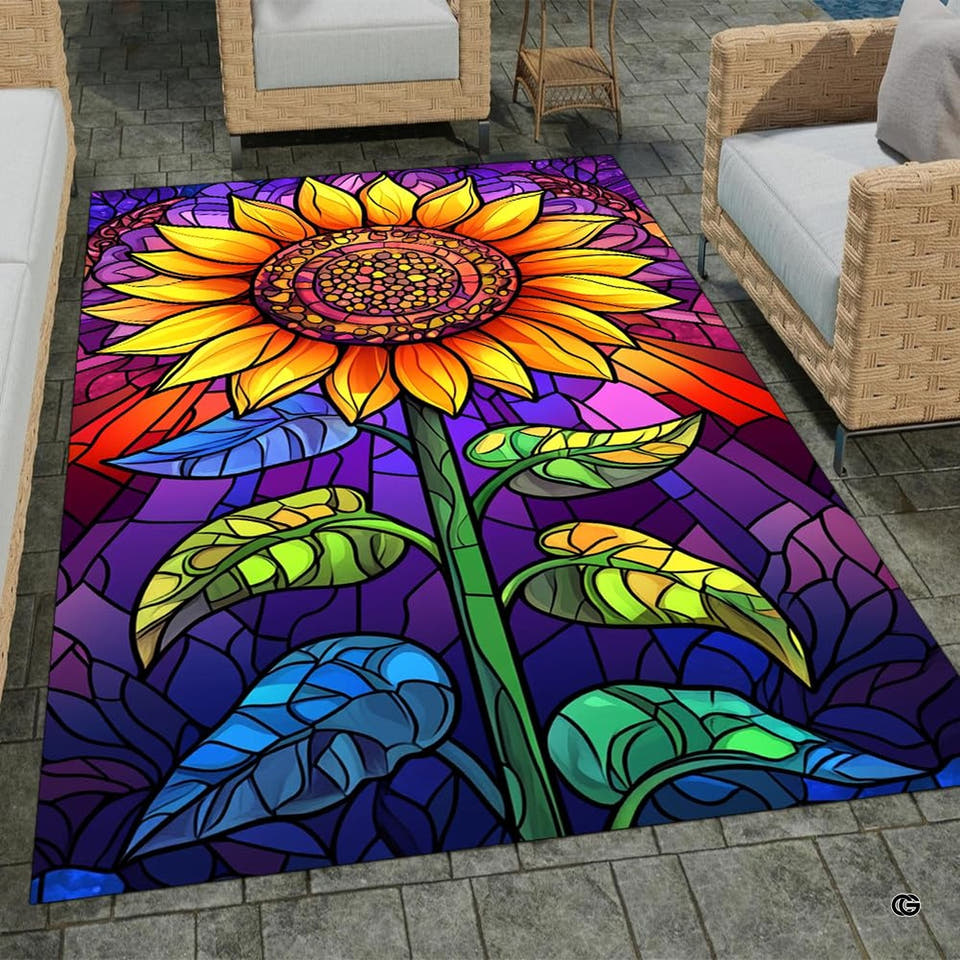 Stained glass sunflower area rug showcasing vivid amber petals, green leaves, and royal blue mosaic background.
