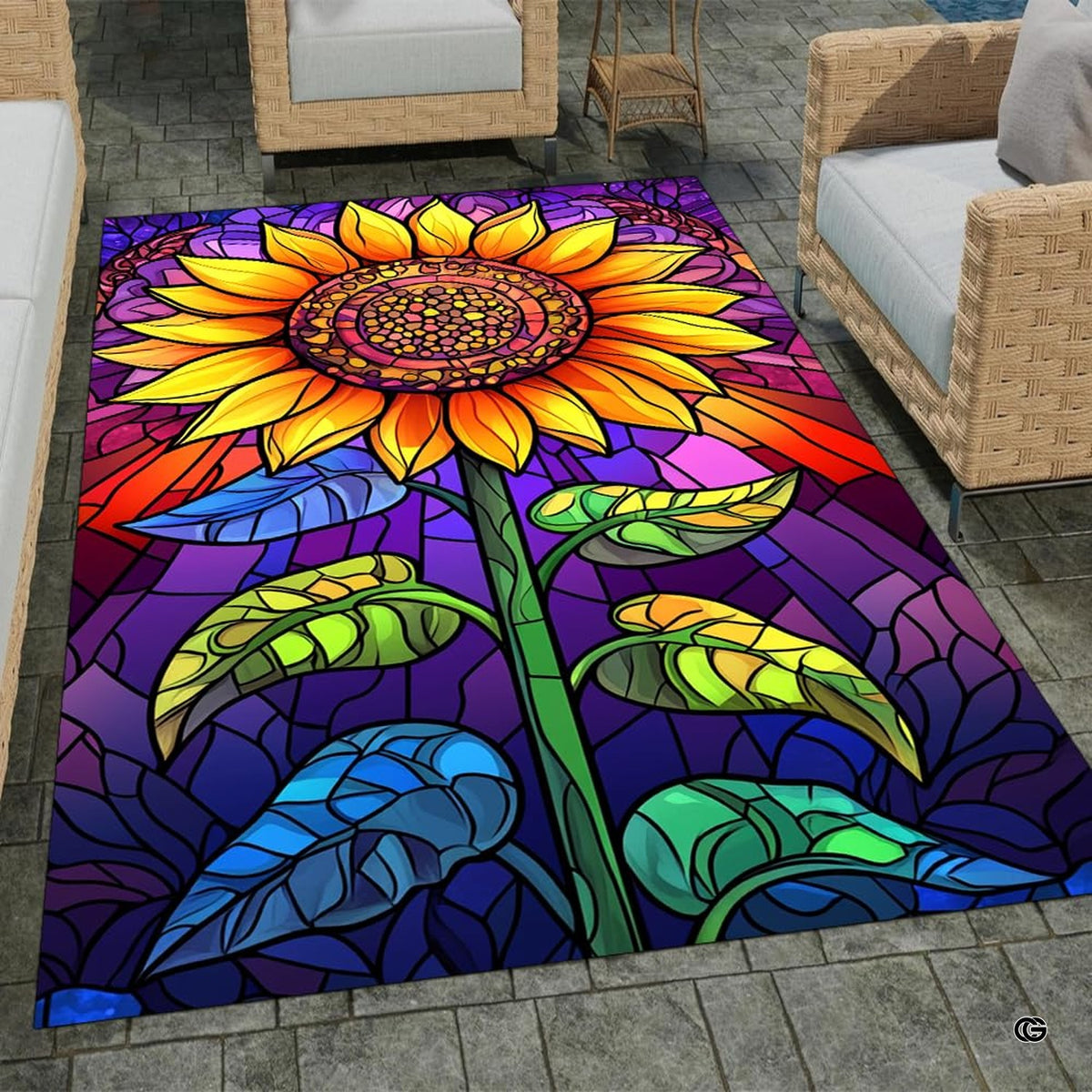 Stained glass sunflower area rug showcasing vivid amber petals, green leaves, and royal blue mosaic background. - image 1 of 8