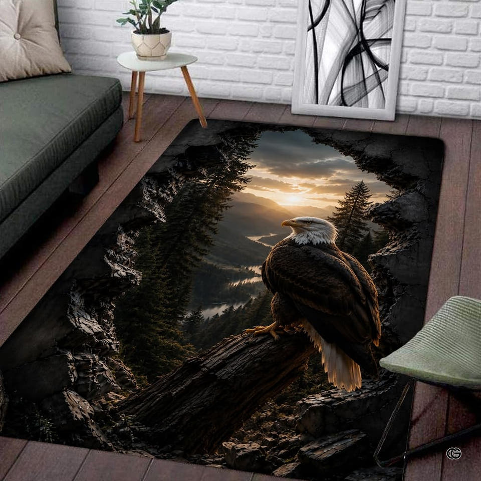 Area rug featuring a perched bald eagle overlooking a sunset mountain valley on wood floor.