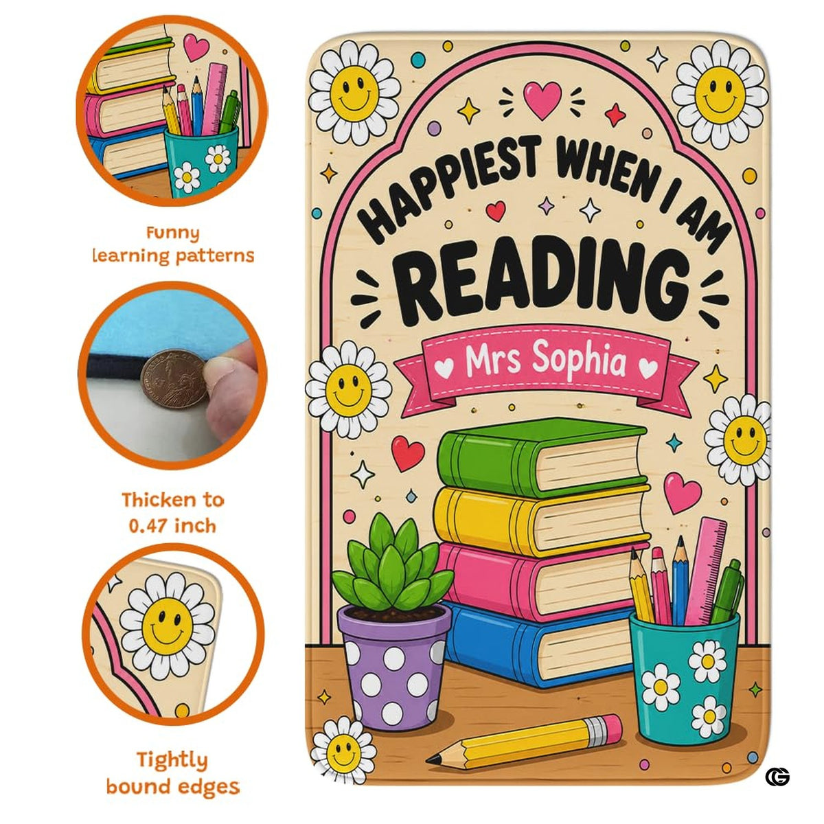 Detailed view of soft pile corner and colorful daisy book artwork on rug.