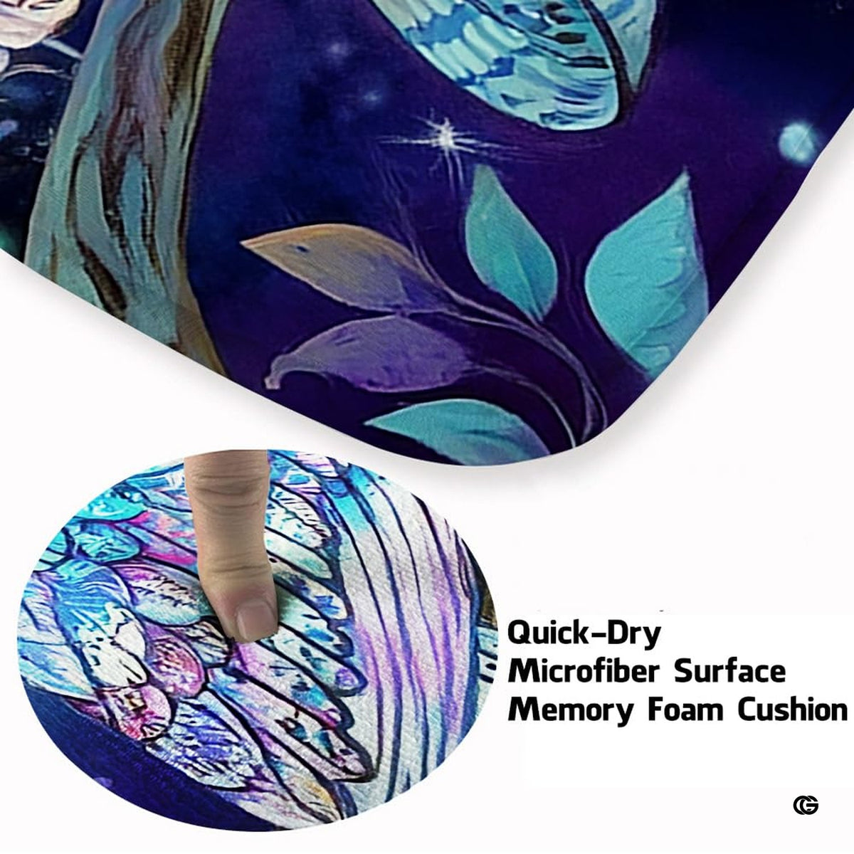 Detailed view of the luminous full moon illustration and indigo celestial backdrop on the rug.