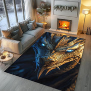 Living room setting featuring the armored dragon floor art centered before dark modern furniture. - thumbnail image 5 of 7