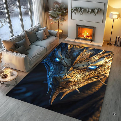 Living room setting featuring the armored dragon floor art centered before dark modern furniture. - thumbnail image 5 of 7