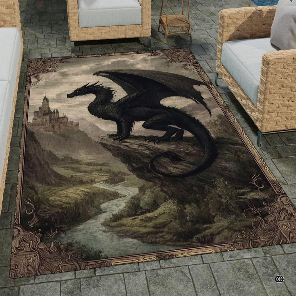 Dramatic black winged dragon perched on a high cliff overlooking an ancient fantasy castle and river valley area rug.
