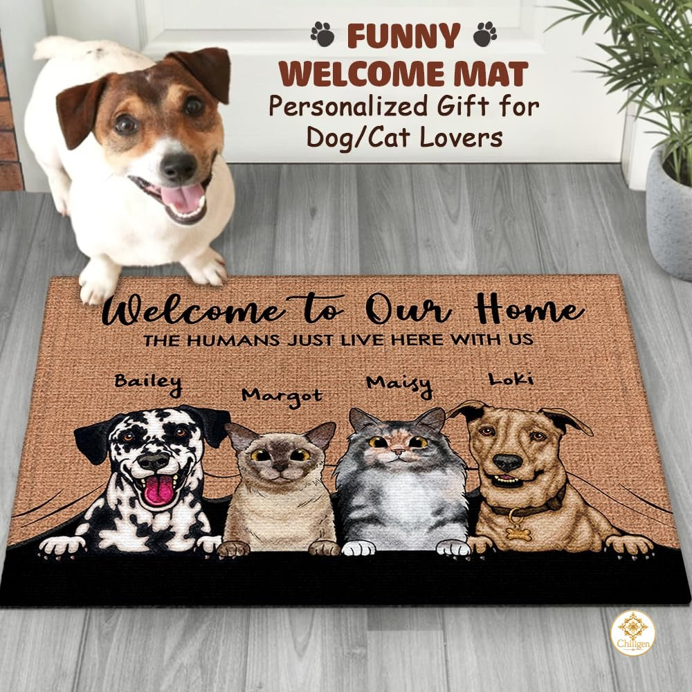Personalized Dog Welcome Doormat for Front Door and Entryway - 4 Pets