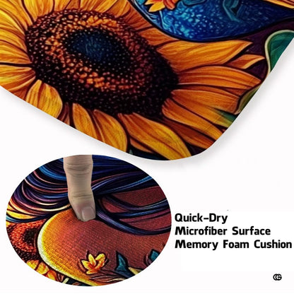 Detailed view of sunflower petals and emerald greenery on a celestial maiden floor rug. - thumbnail image 3 of 8