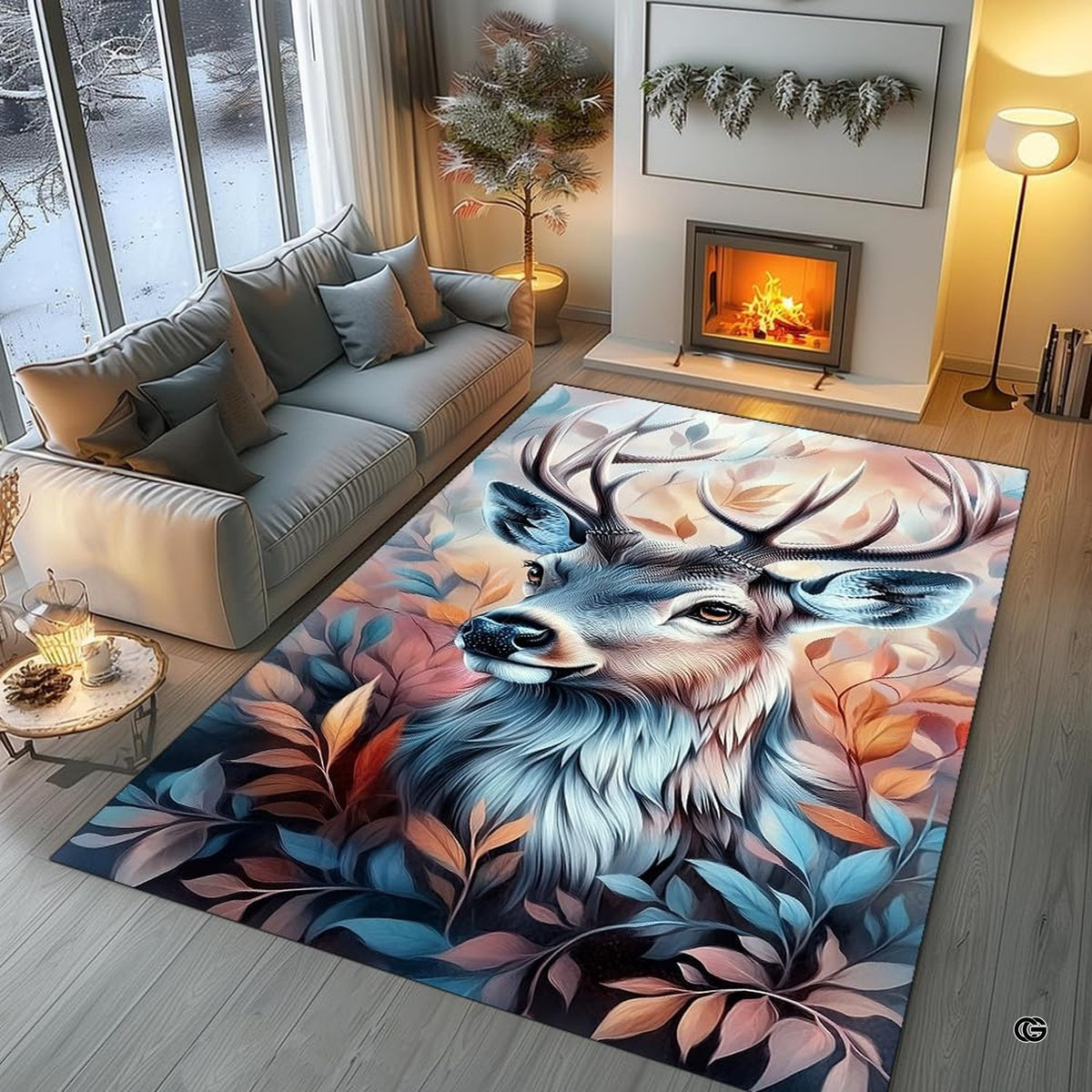 Lifestyle living room scene featuring family lounging on artistic deer area rug.