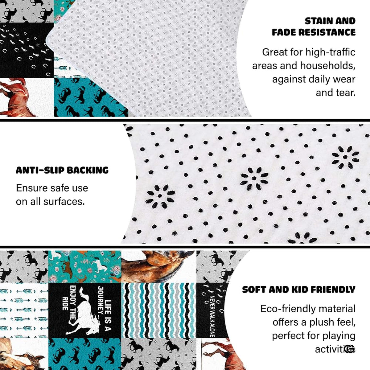 Detailed corner perspective of western horse patchwork area rug highlighting black, teal, and white graphics. - image 6 of 7