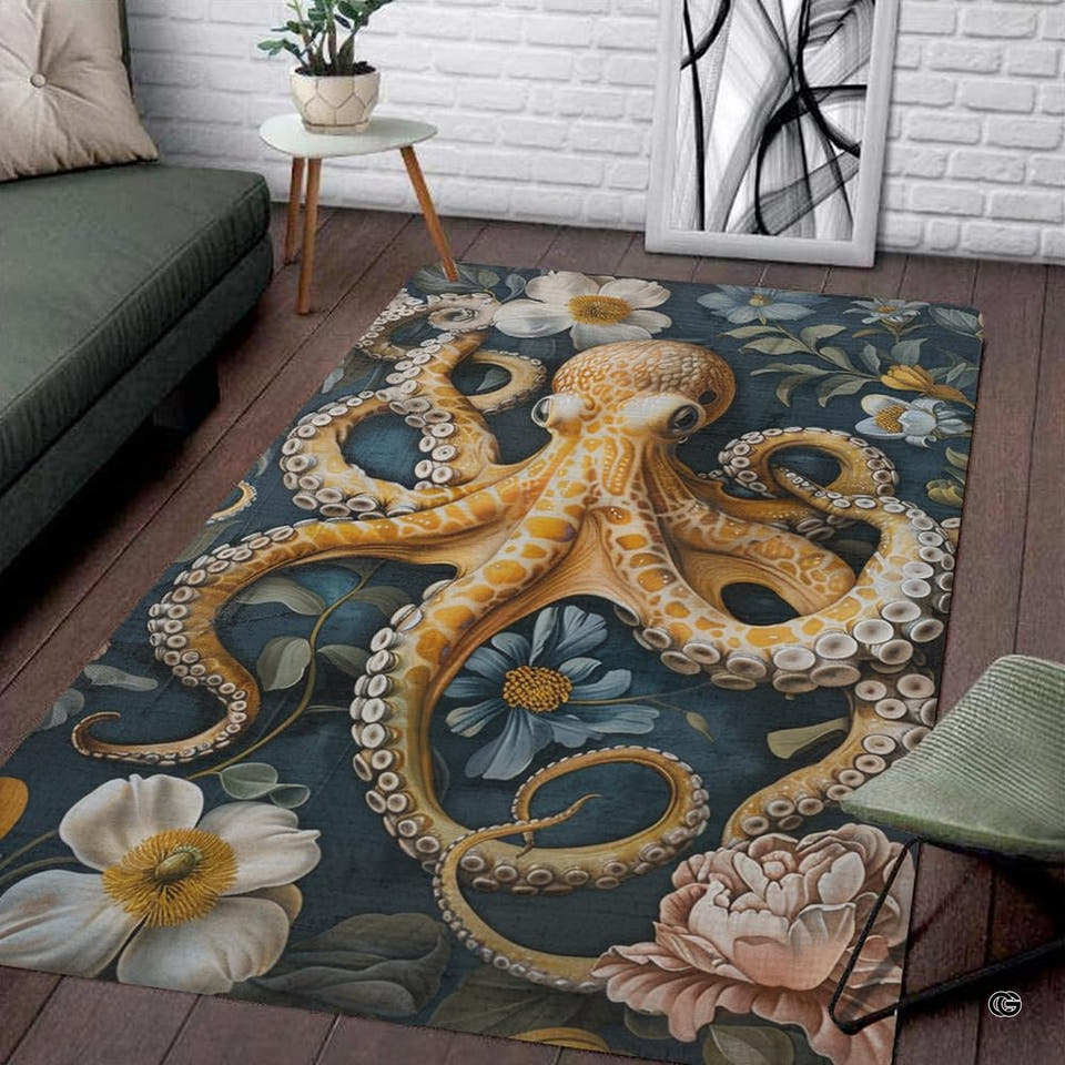 Living room corner view showing the rectangular golden octopus and floral area rug on dark wood flooring.