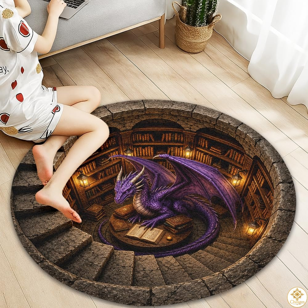 Personalized Dragon Round Rug with 3D Effect and Bookshelf