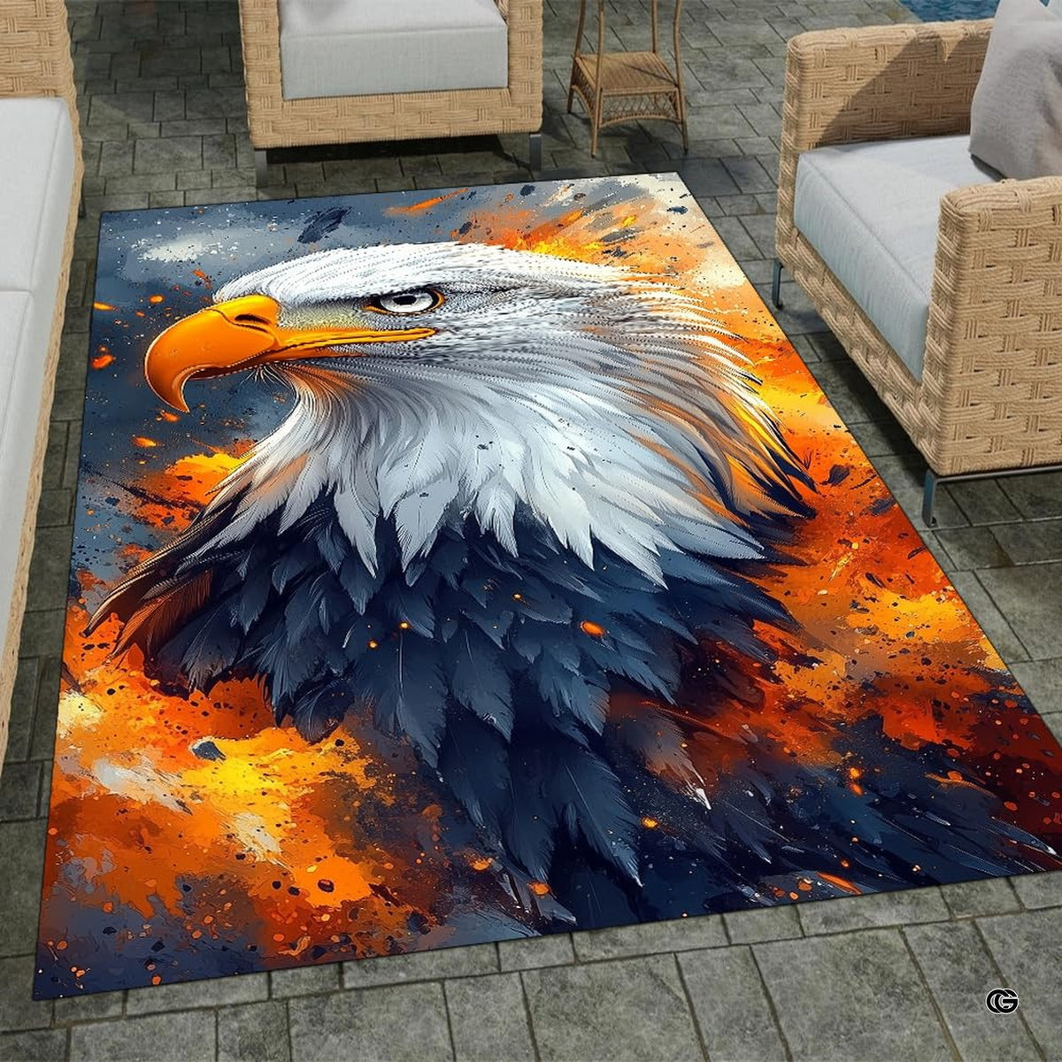 Majestic bald eagle area rug featuring glowing amber splatter and navy plumage in a stylish room.