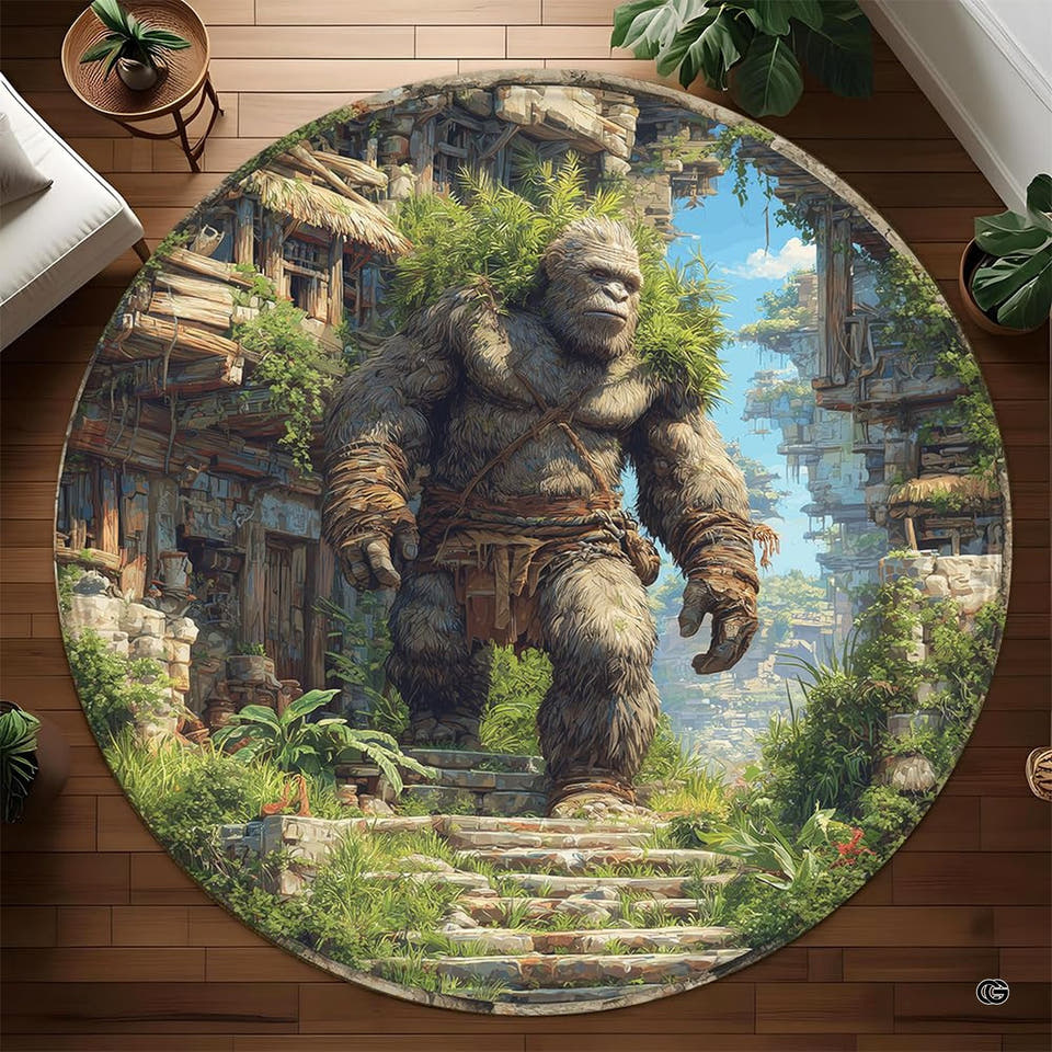 Round Bigfoot rug walking through an ancient village