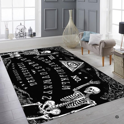 Bright modern lounge interior displaying the gothic spirit board skeleton area rug - thumbnail image 3 of 8