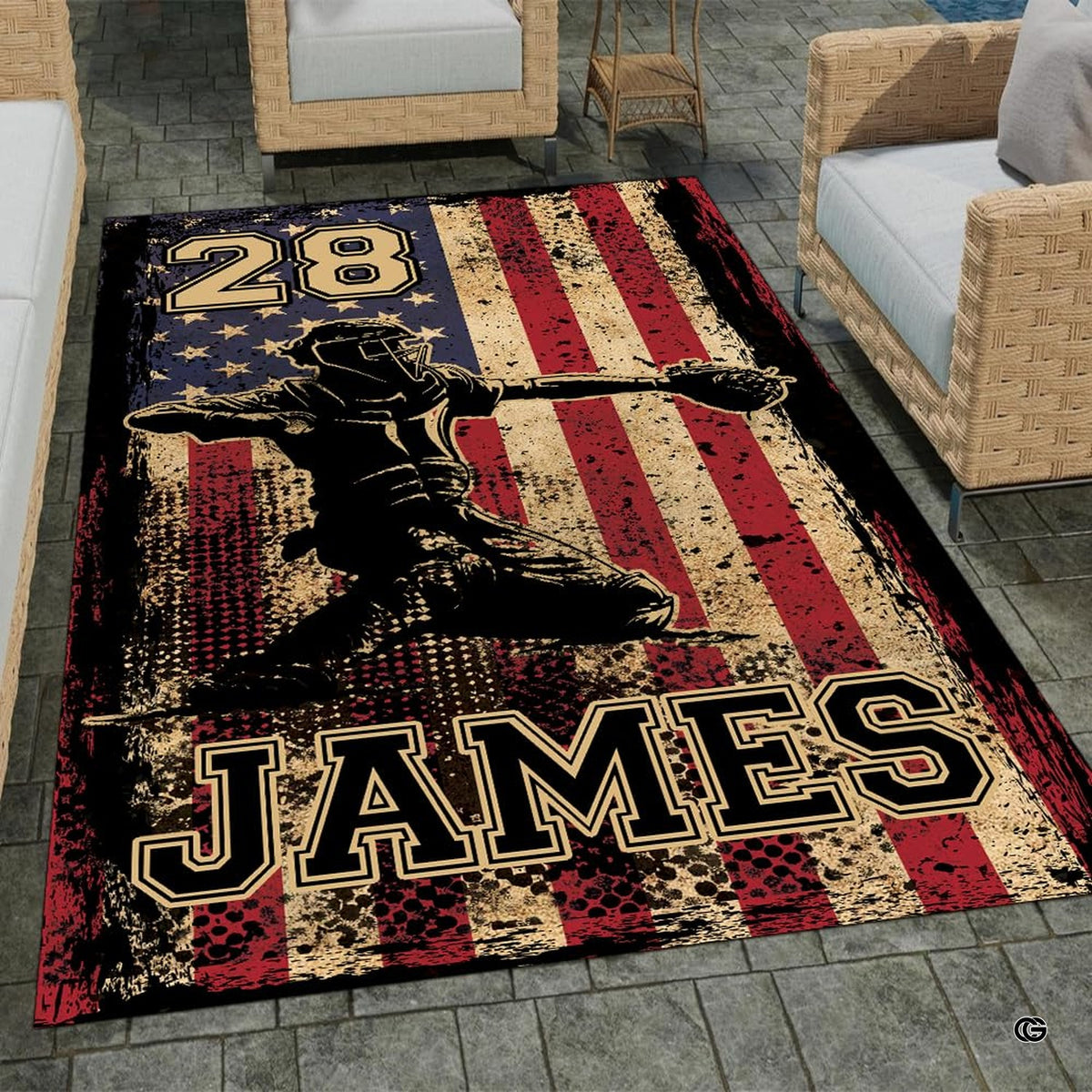 Detailed view of the premium edge stitching and vintage American flag print on microfiber