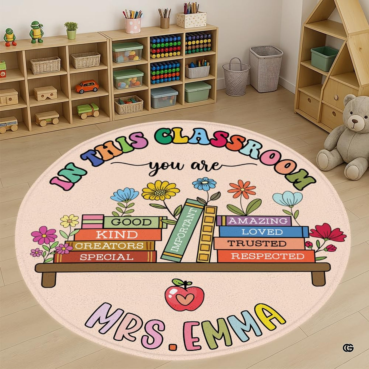 Circular welcome area rug displaying colorful books, daisies, and a red apple in retro pastel tones. - image 1 of 9