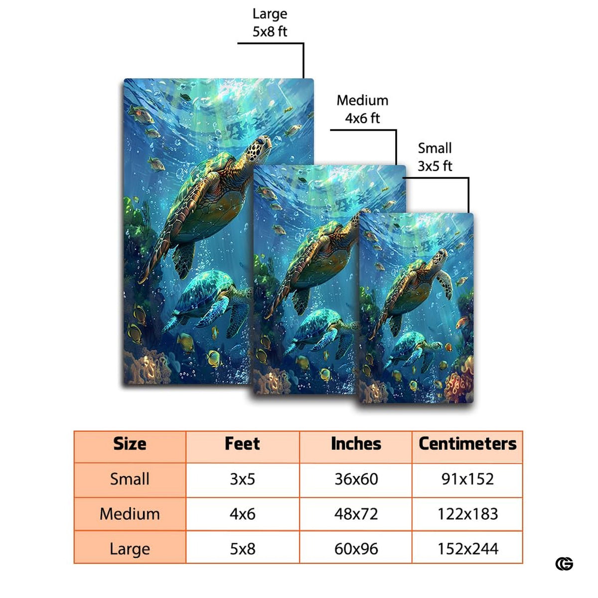 Dimension chart displaying size options for coral reef turtle area rug.