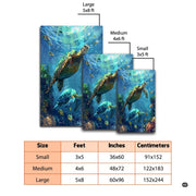 Dimension chart displaying size options for coral reef turtle area rug. - thumbnail image 2 of 7