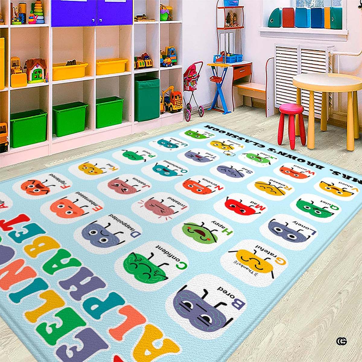 Classroom calming corner mockup featuring the A to Z emotion brain characters rug
