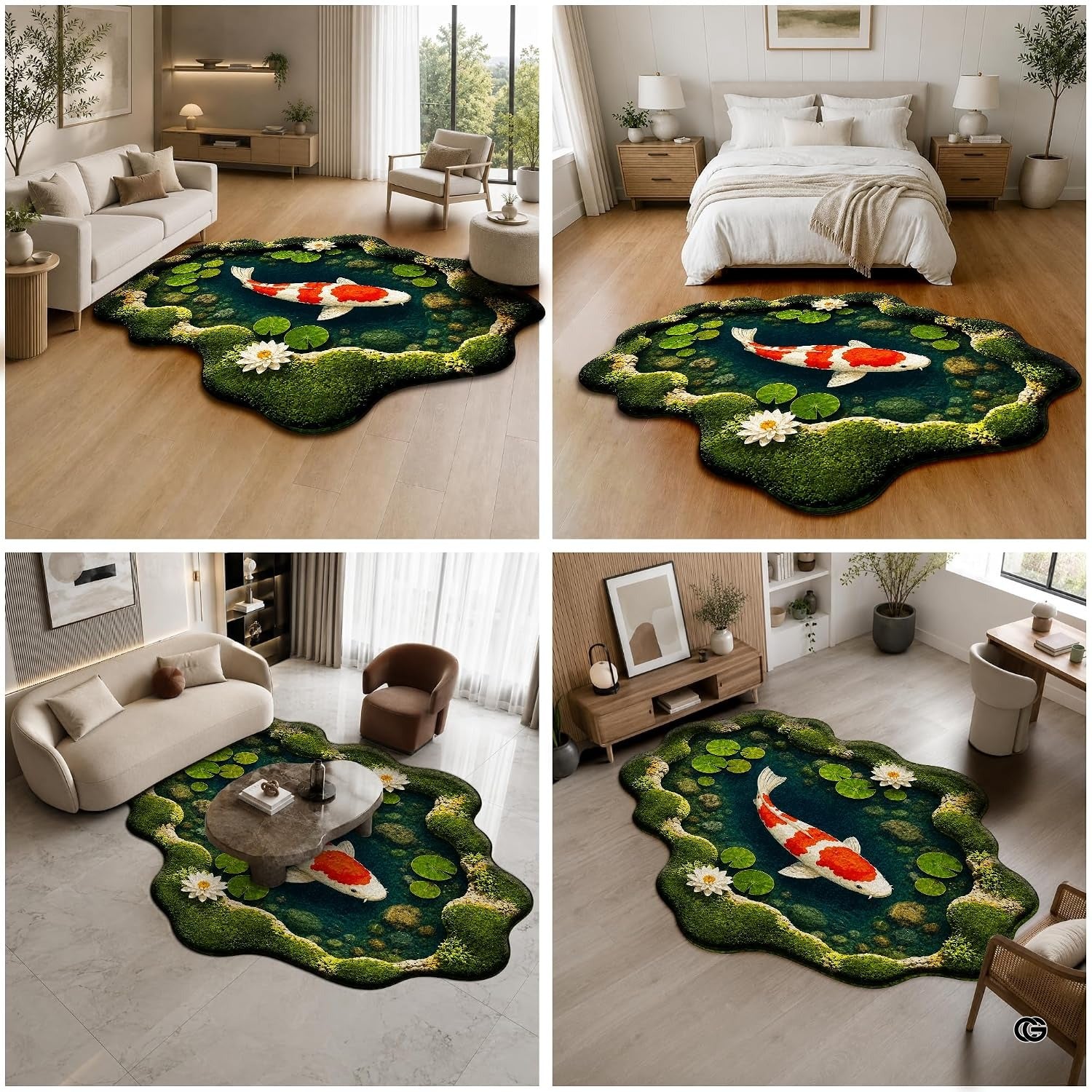 Custom Japanese Koi Fish Shaped Area Rug, Personalized 3D Optical Illusion Koi Pond Lotus Non Slip Washable Shaped Floor Mat, Fish Pond Rugs for Bedroom Living Room Decor (1, D1)