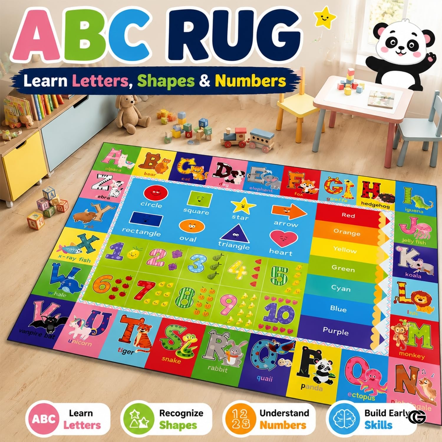 ABC Kids Play Rug with Non Slip Backing and Colorful Pattern - Abc Rug - 3'3" X 4'11" (Rectangular)