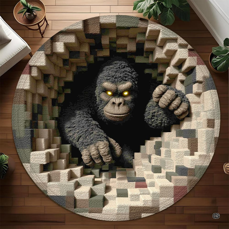 Round Yeti rug breaking through a block tunnel