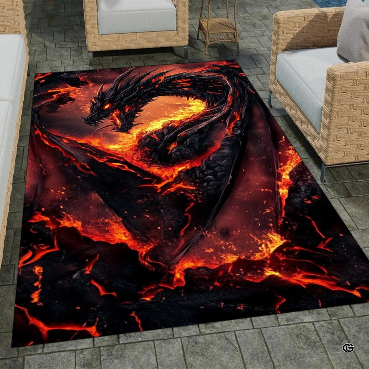 Overhead layout view of the rectangular fiery lava dragon molten magma fantasy rug