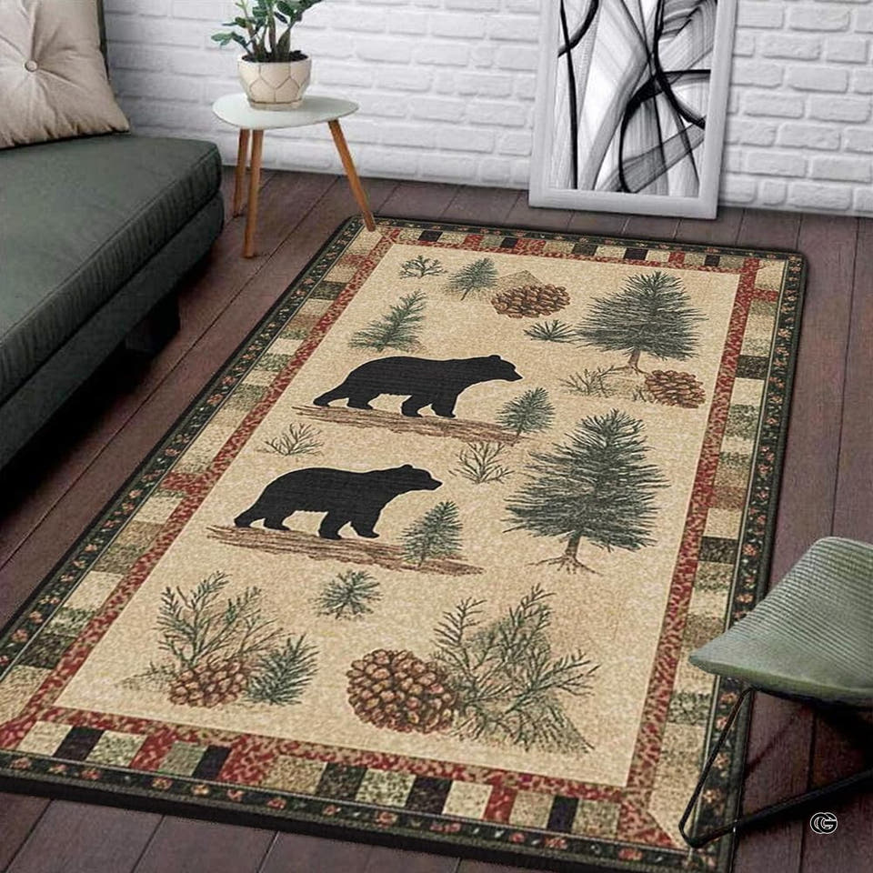 Living room setting featuring a rustic black bear trail pinecone wildlife area rug