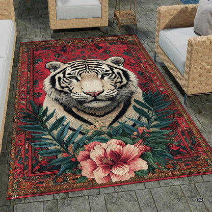 Home lounge arrangement displaying the floral white tiger portrait accent rug - thumbnail image 7 of 8