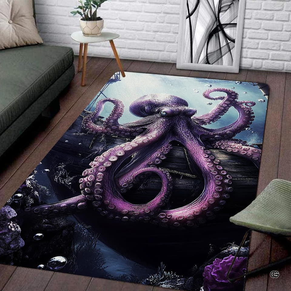 Deep sea fantasy octopus floor rug displaying a giant purple octopus perched on a shipwreck.