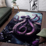 Deep sea fantasy octopus floor rug displaying a giant purple octopus perched on a shipwreck.