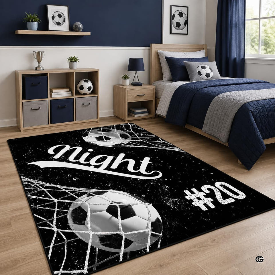 Soccer goal netting boys sports area rug with athletic jersey numbers
