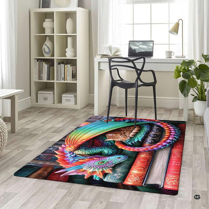 Colorful rainbow winged dragon gently sheltering a sleeping tabby kitten on a stack of vintage books area rug. - thumbnail image 5 of 5