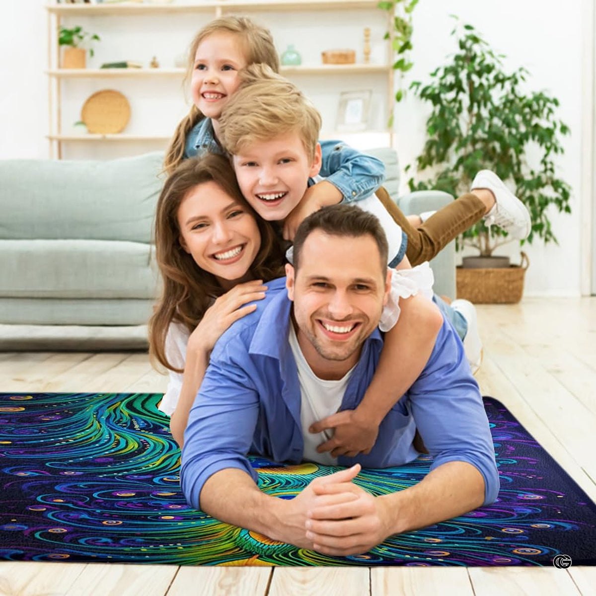 Fireside lounge setting with person relaxing near the midnight blue peacock area rug