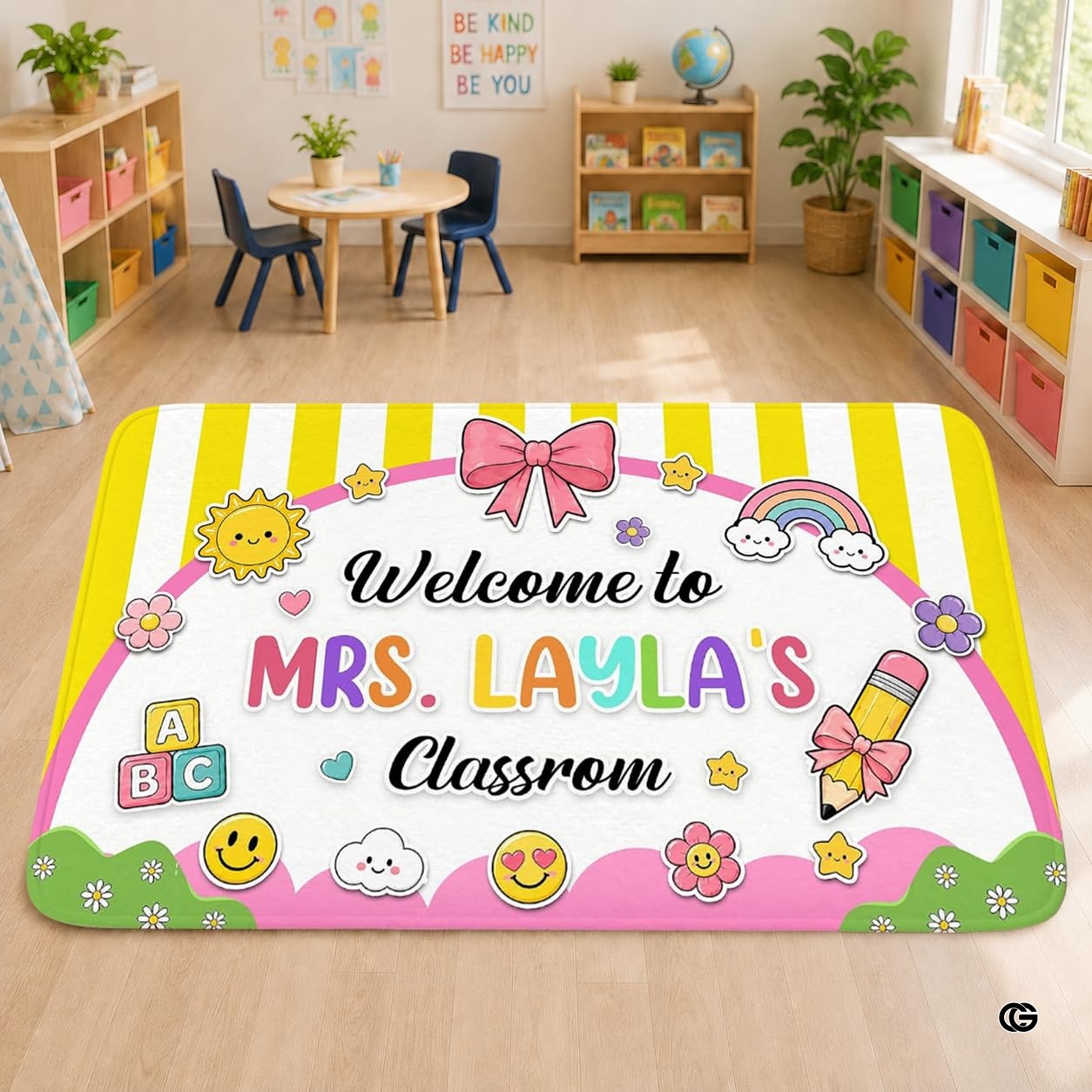 Personalized Teacher Classroom Rug, Custom Back to School Welcome Mat with Name, Kindergarten Preschool Elementary Decor, Composition Notebook Carpet (A02)