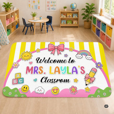 Personalized Teacher Classroom Rug, Custom Back to School Welcome Mat with Name, Kindergarten Preschool Elementary Decor, Composition Notebook Carpet (A02)