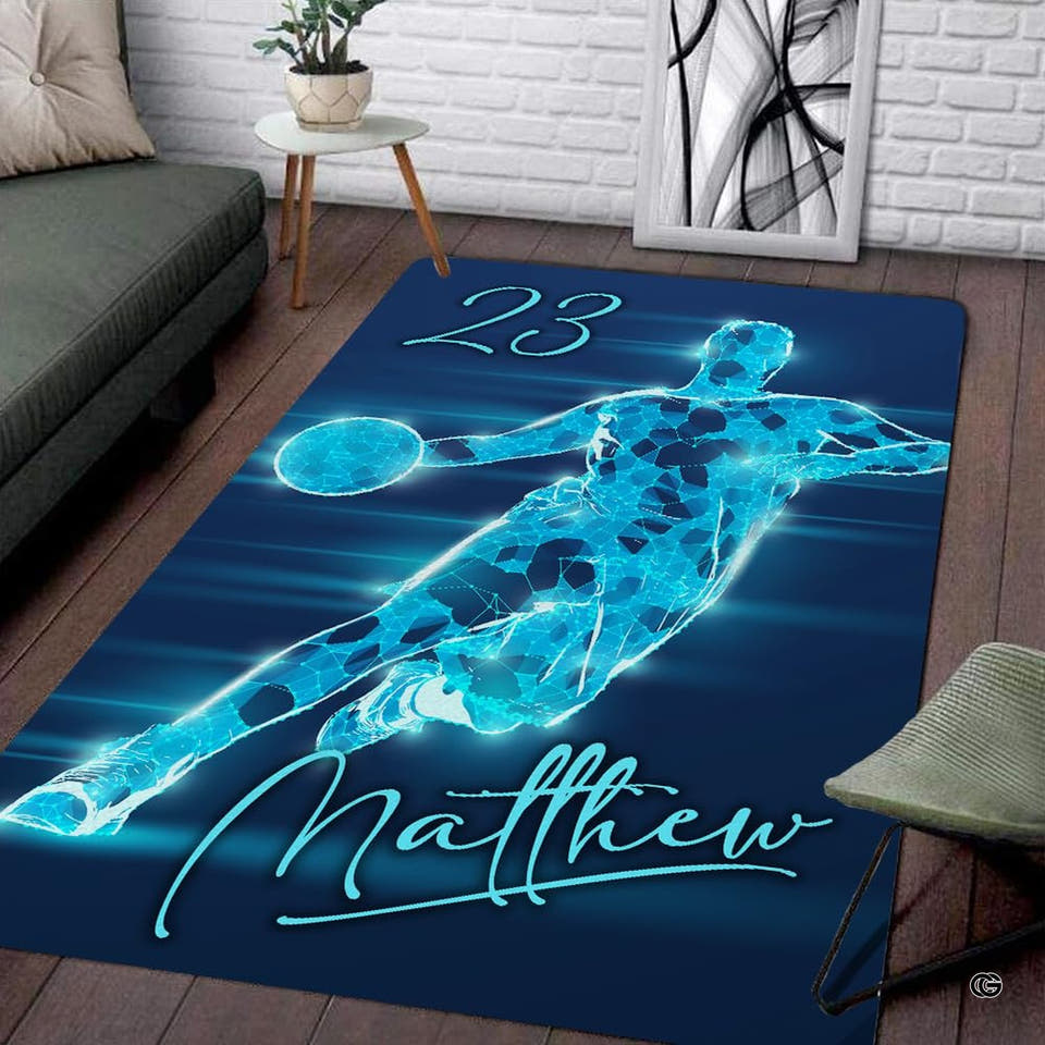 Neon basketball player area rug displaying glowing cyan polygonal athlete and vivid motion blur trails.