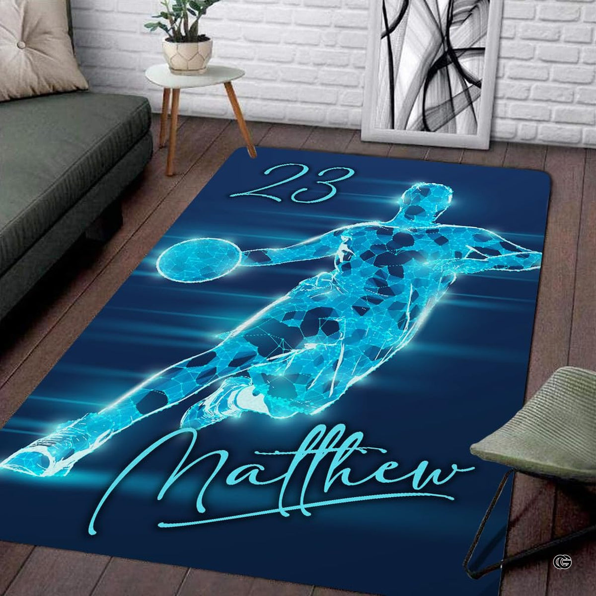 Neon basketball player area rug displaying glowing cyan polygonal athlete and vivid motion blur trails. - image 1 of 7