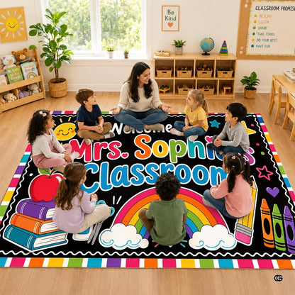 Personalized Teacher Classroom Rug, Custom Back to School Welcome Mat with Name, Kindergarten Preschool Elementary Decor, Composition Notebook Carpet (A09)
