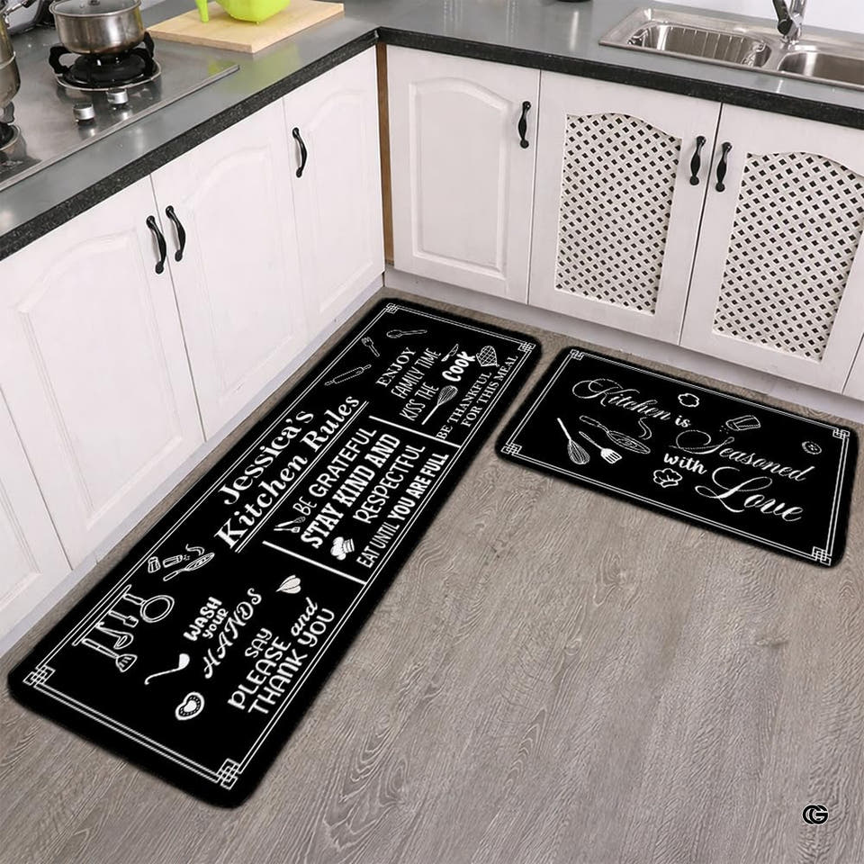 Chalkboard culinary dining quotes utensils area rug in primary perspective