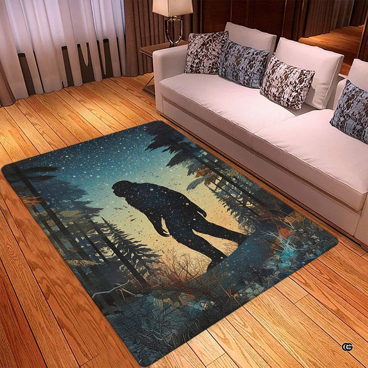 Sasquatch silhouette area rug centered in a rustic living room setting.