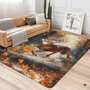 Autumn woodland buck area rug styled beneath a wooden coffee table in a rustic lodge living room. - thumbnail image 3 of 5
