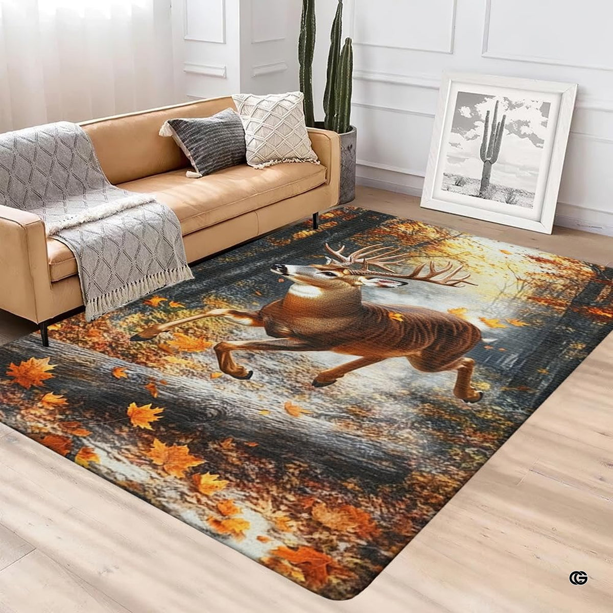Autumn woodland buck area rug styled beneath a wooden coffee table in a rustic lodge living room. - image 3 of 5