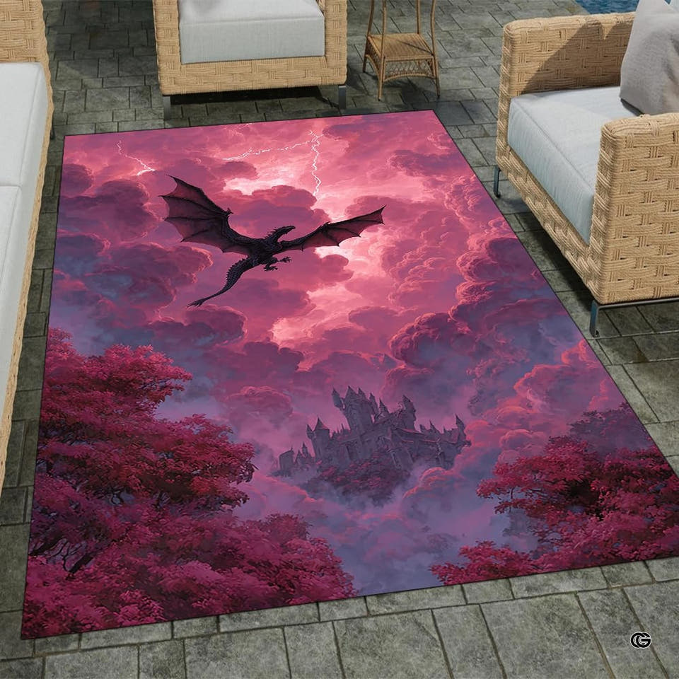 Pink dragon rug with black flying silhouette and distant castle