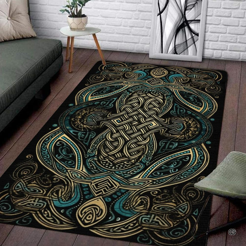 Top-down view of Celtic knot rugs displaying intricate gold and teal ribbons over black.