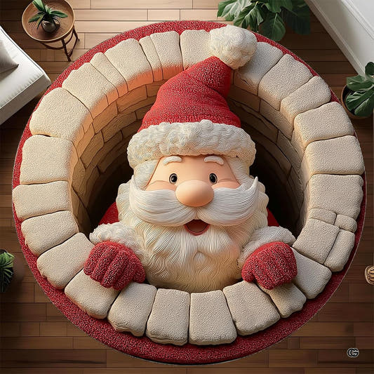 Round Santa chimney rug with white beard and red mittens