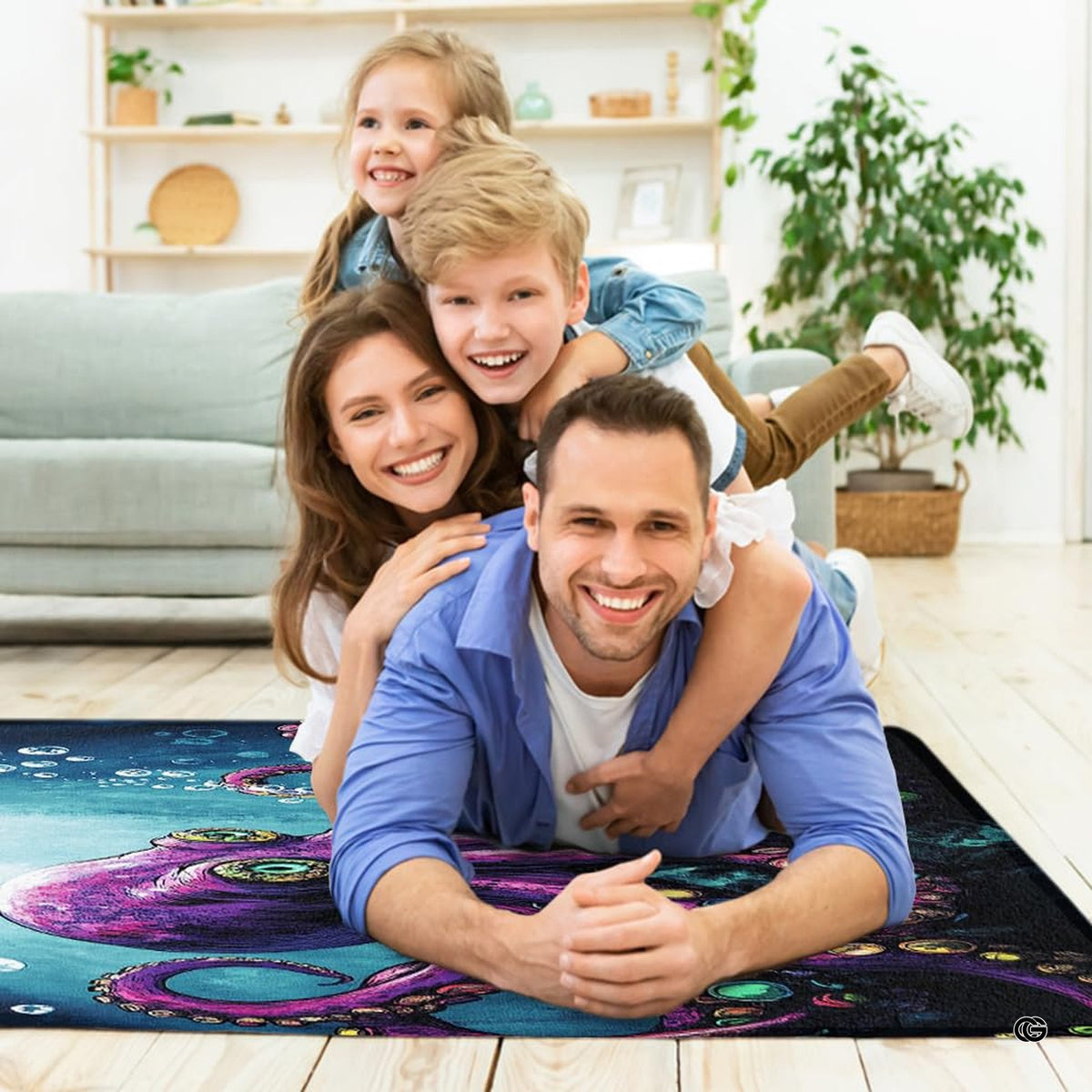 Dimensions and sizing options chart for vivid purple octopus ocean living room area rug - image 2 of 7