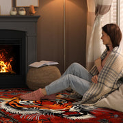 Overhead flat view of the rectangular crimson red oriental tiger area rug - thumbnail image 8 of 8